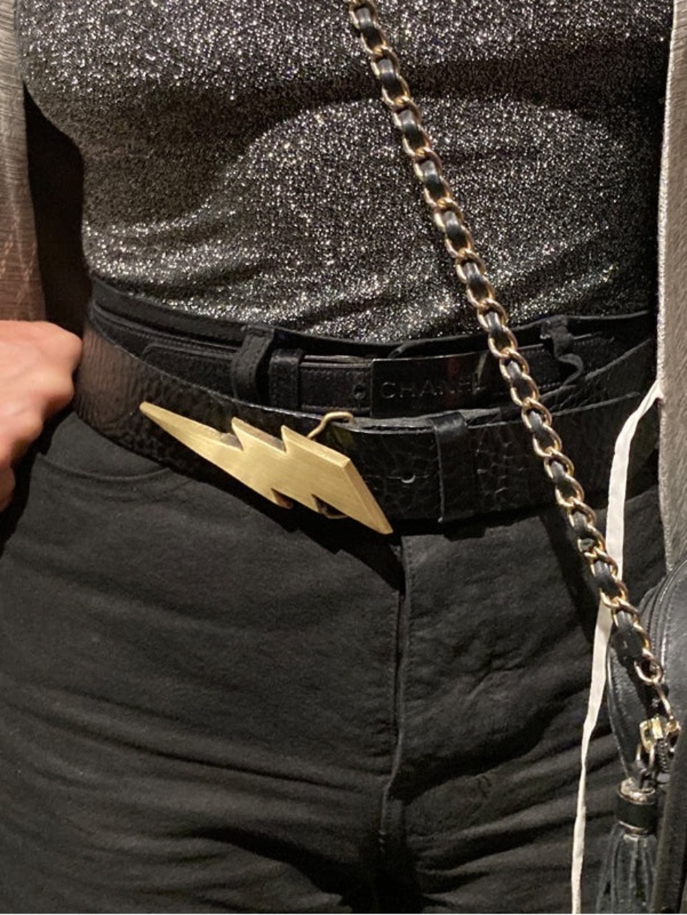 Kim White Lightning Bolt Leather Belt Black Antique Brass Small
